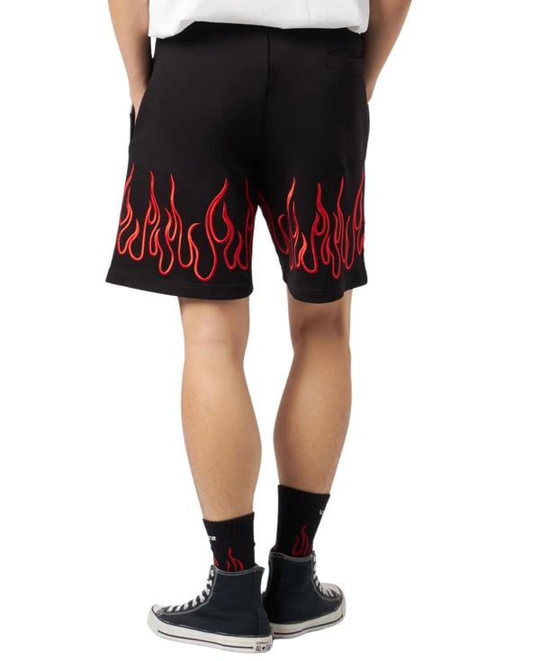 BLACK SHORTS WITH EMBROIDERED RED FLAMES AND METAL LABEL