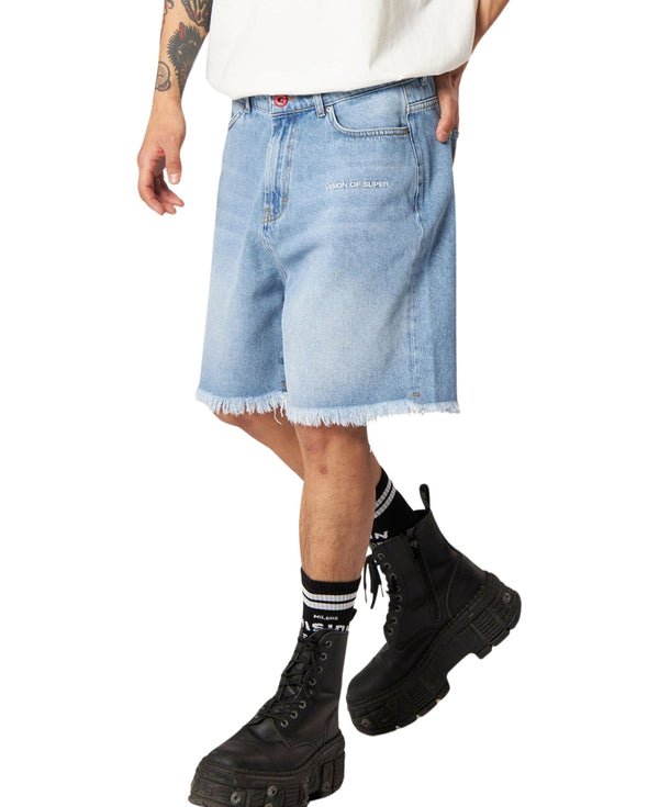 BLUE DENIM SHORTS WITH EMBROIDERED WHITE LOGO