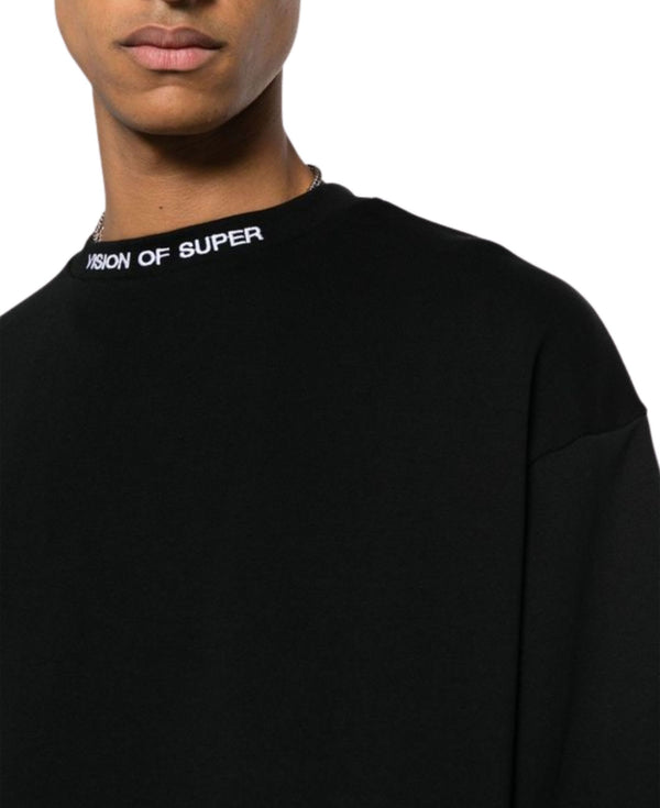BLACK CREWNECK WITH EMBROIDERED PURPLE FLAMES