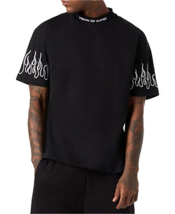 BLACK T-SHIRT WITH WHITE EMBROIDERED FLAMES