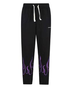 BLACK PANTS WITH EMBROIDERED PURPLE FLAMES