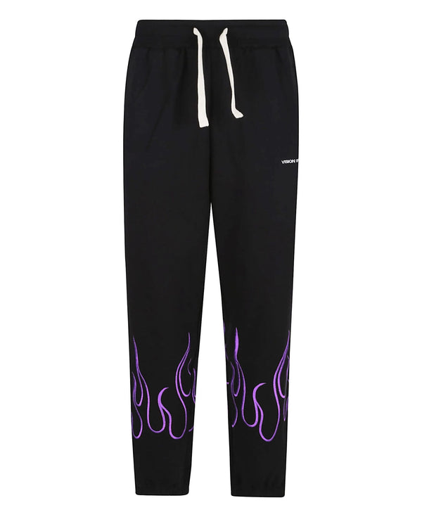 BLACK PANTS WITH EMBROIDERED PURPLE FLAMES