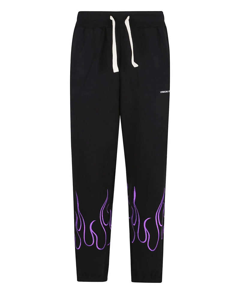 BLACK PANTS WITH EMBROIDERED PURPLE FLAMES