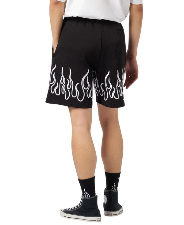 BLACK SHORTS WITH EMBROIDERED WHITE FLAMES AND METAL LABEL