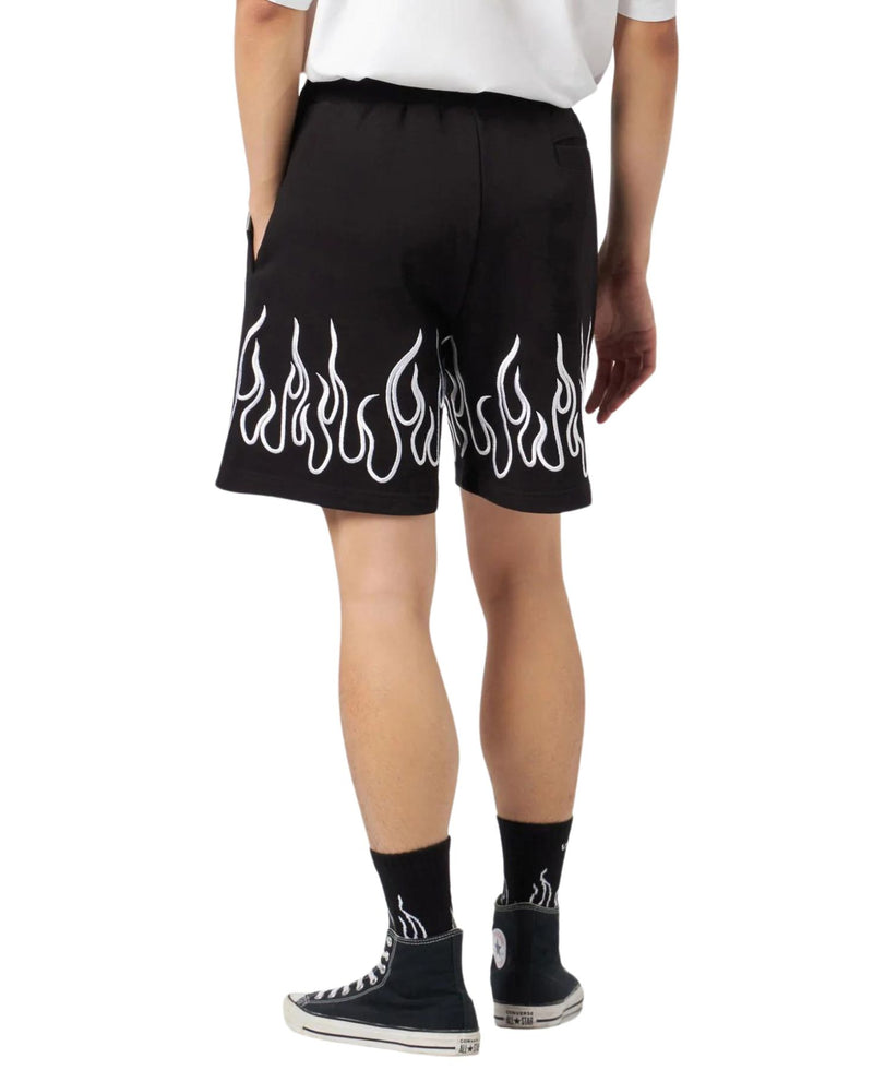 BLACK SHORTS WITH EMBROIDERED WHITE FLAMES AND METAL LABEL