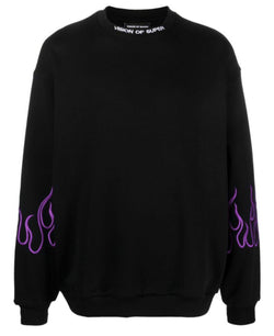 BLACK CREWNECK WITH EMBROIDERED PURPLE FLAMES