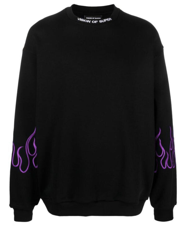 BLACK CREWNECK WITH EMBROIDERED PURPLE FLAMES