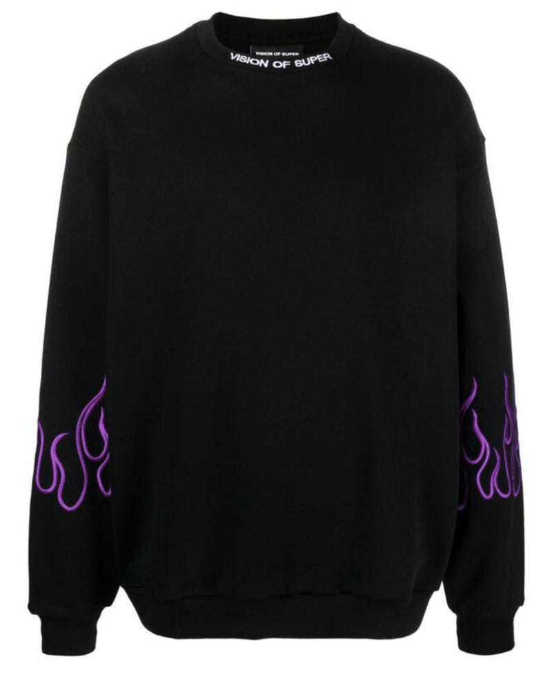 BLACK CREWNECK WITH EMBROIDERED PURPLE FLAMES