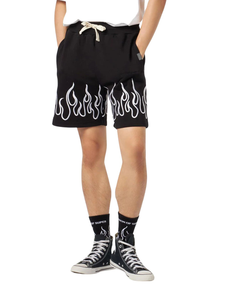 BLACK SHORTS WITH EMBROIDERED WHITE FLAMES AND METAL LABEL