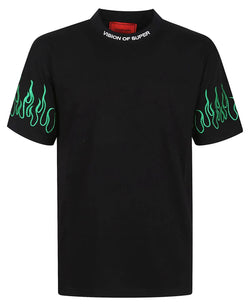 BLACK T-SHIRT WITH EMBROIDERED GREEN FLAMES