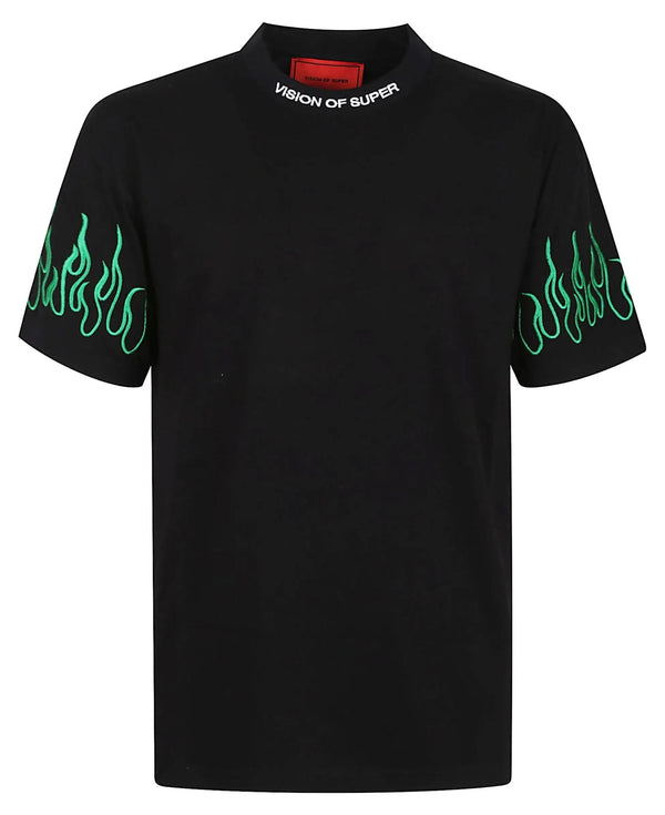 BLACK T-SHIRT WITH EMBROIDERED GREEN FLAMES