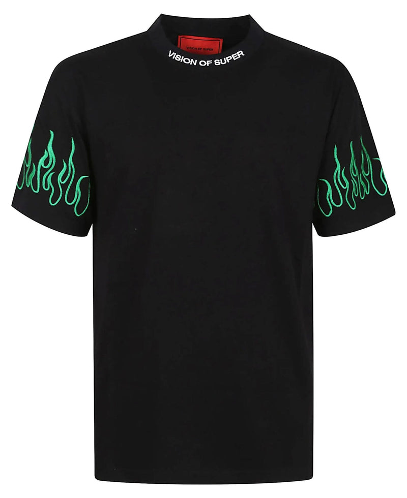 BLACK T-SHIRT WITH EMBROIDERED GREEN FLAMES