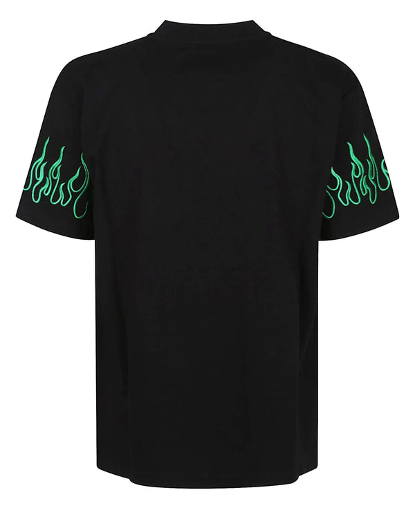 BLACK T-SHIRT WITH EMBROIDERED GREEN FLAMES