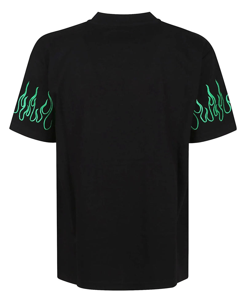 BLACK T-SHIRT WITH EMBROIDERED GREEN FLAMES