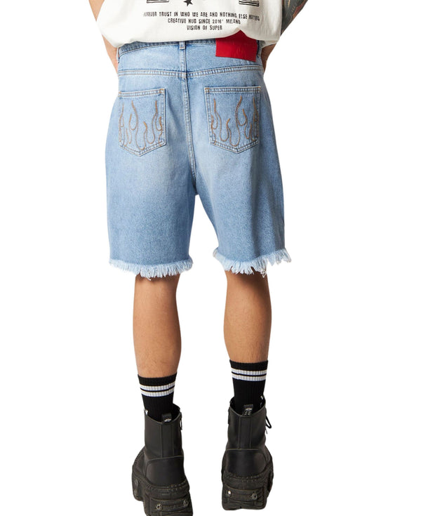 BLUE DENIM SHORTS WITH EMBROIDERED WHITE LOGO