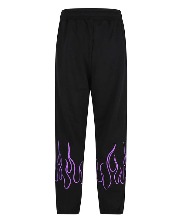 BLACK PANTS WITH EMBROIDERED PURPLE FLAMES