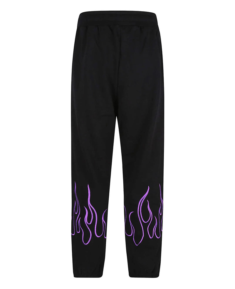 BLACK PANTS WITH EMBROIDERED PURPLE FLAMES