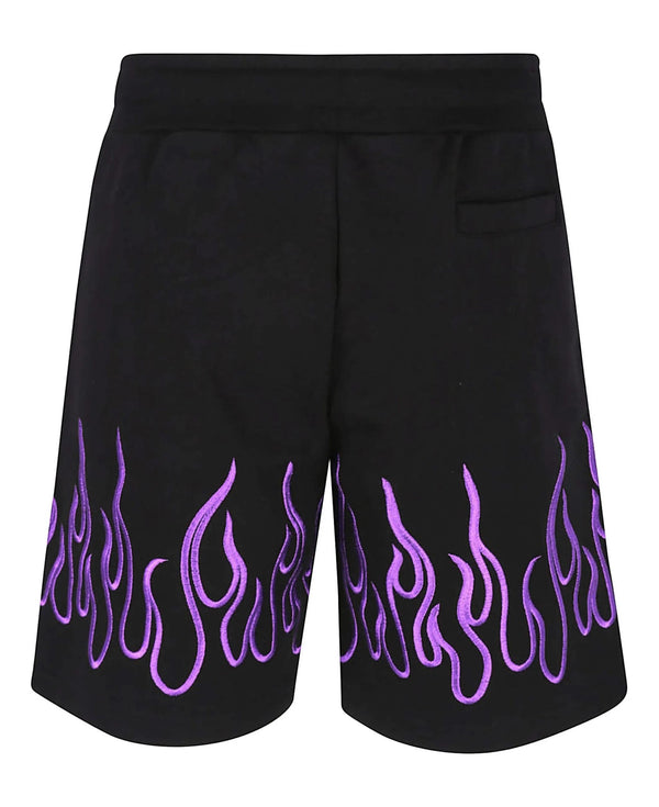 BLACK SHORTS WITH EMBROIDERED PURPLE FLAMES