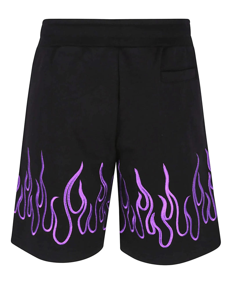 BLACK SHORTS WITH EMBROIDERED PURPLE FLAMES