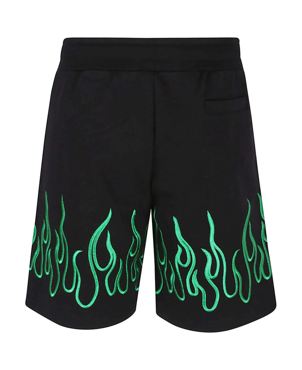 BLACK SHORTS WITH EMBROIDERED GREEN FLAMES