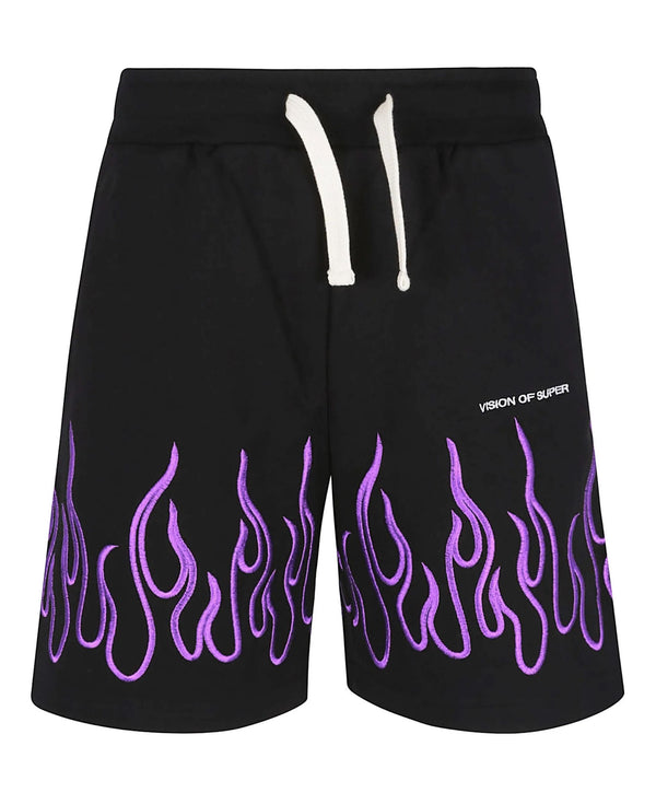 BLACK SHORTS WITH EMBROIDERED PURPLE FLAMES
