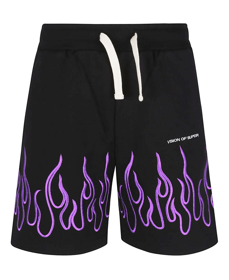 BLACK SHORTS WITH EMBROIDERED PURPLE FLAMES