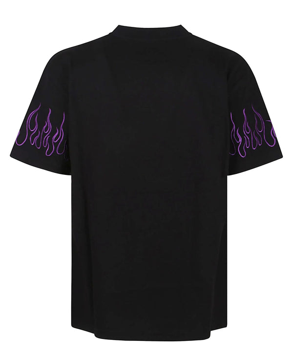 BLACK T-SHIRT WITH EMBROIDERED PURPLE FLAMES