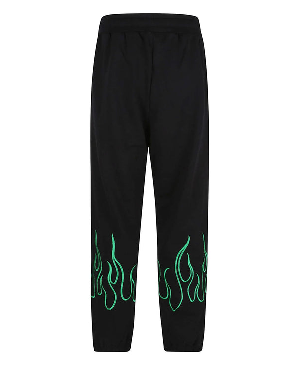 BLACK PANTS WITH EMBROIDERED GREEN FLAMES