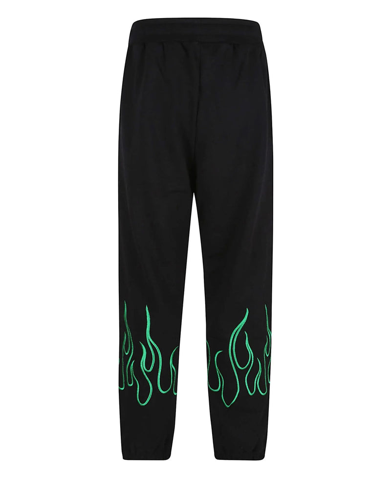 BLACK PANTS WITH EMBROIDERED GREEN FLAMES