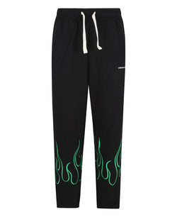 BLACK PANTS WITH EMBROIDERED GREEN FLAMES