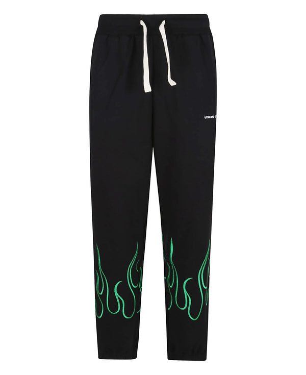 BLACK PANTS WITH EMBROIDERED GREEN FLAMES
