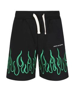 BLACK SHORTS WITH EMBROIDERED GREEN FLAMES