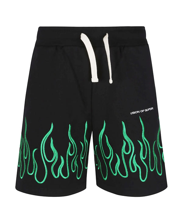 BLACK SHORTS WITH EMBROIDERED GREEN FLAMES