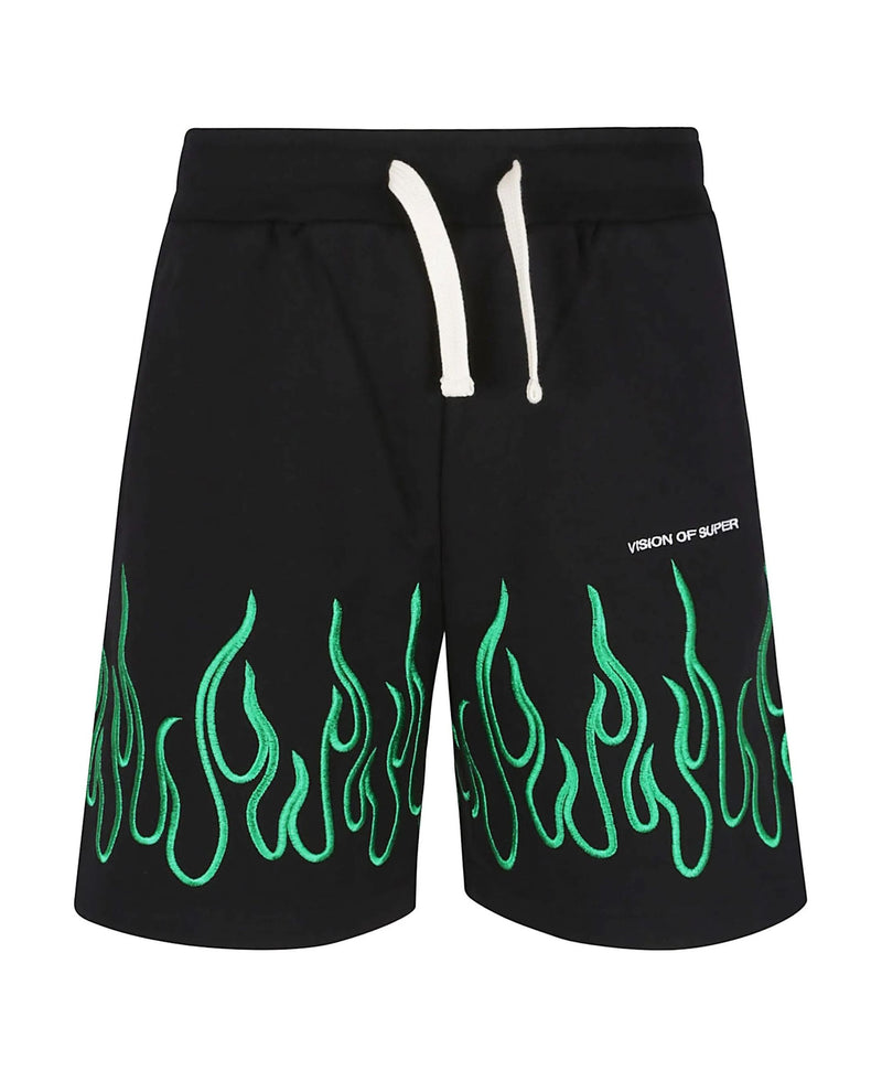 BLACK SHORTS WITH EMBROIDERED GREEN FLAMES