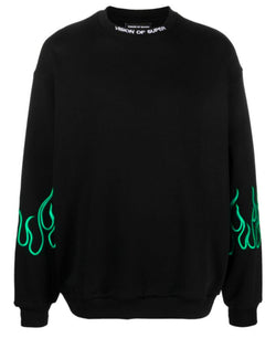 BLACK CREWNECK WITH EMBROIDERED GREEN FLAMES
