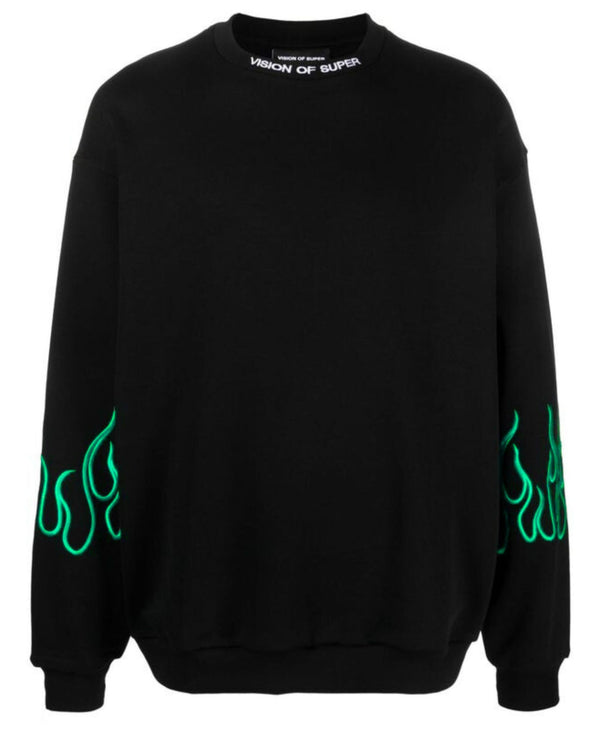 BLACK CREWNECK WITH EMBROIDERED GREEN FLAMES