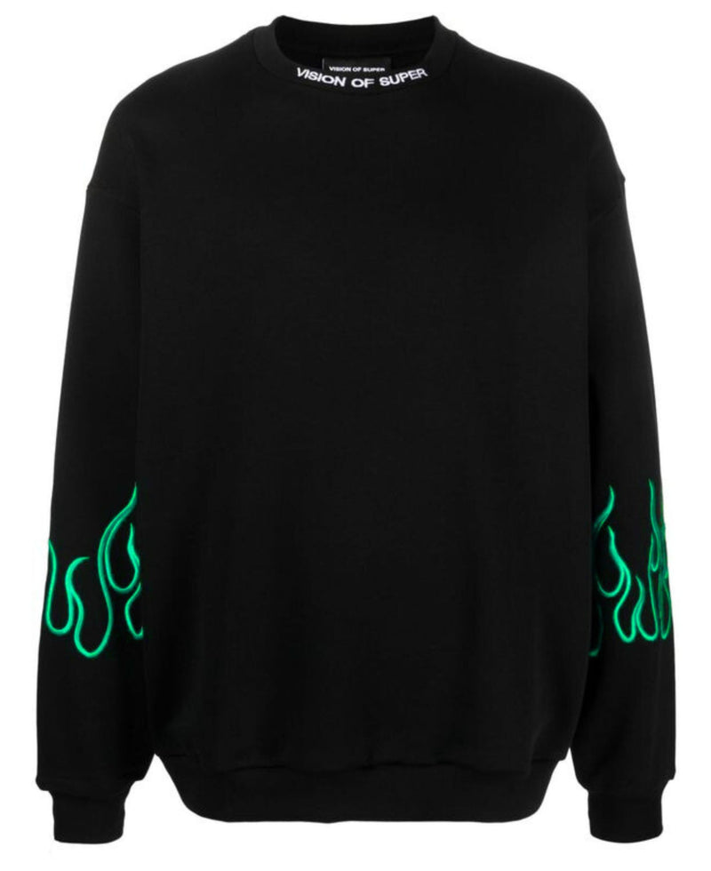 BLACK CREWNECK WITH EMBROIDERED GREEN FLAMES