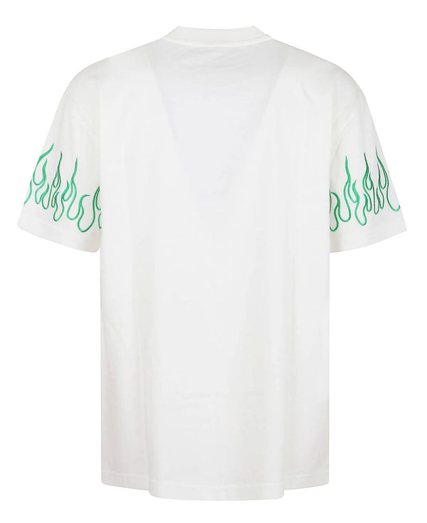 OFF WHITE T-SHIRT WITH EMBROIDERED GREEN FLAMES