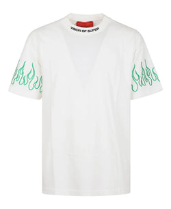 OFF WHITE T-SHIRT WITH EMBROIDERED GREEN FLAMES