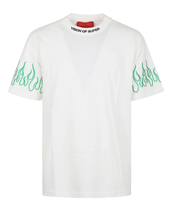 OFF WHITE T-SHIRT WITH EMBROIDERED GREEN FLAMES