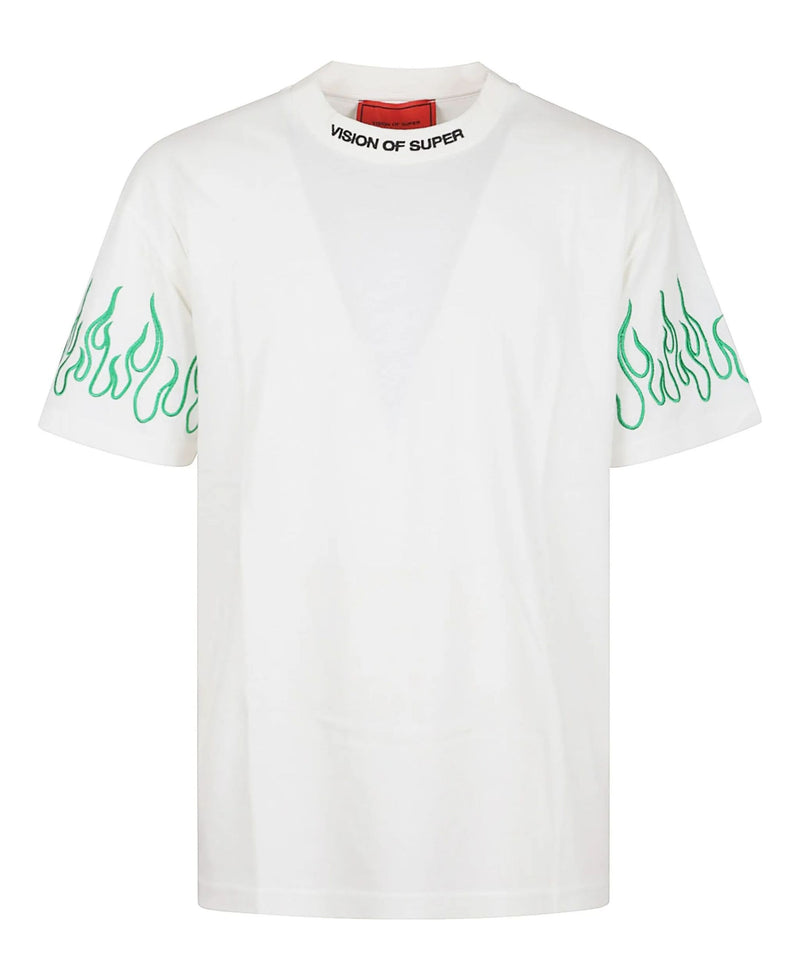 OFF WHITE T-SHIRT WITH EMBROIDERED GREEN FLAMES