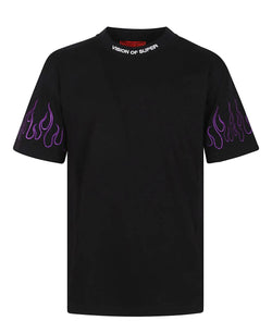 BLACK T-SHIRT WITH EMBROIDERED PURPLE FLAMES
