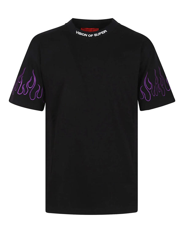 BLACK T-SHIRT WITH EMBROIDERED PURPLE FLAMES