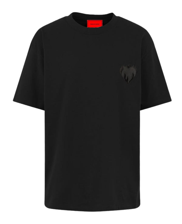 BLACK T-SHIRT WITH EMBRIDERED FLAMING HEART LOGO