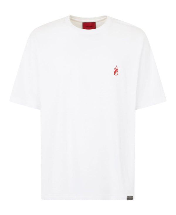 WHITE T-SHIRT WITH EMBROIDERED FLAME