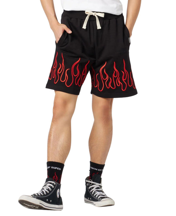 BLACK SHORTS WITH EMBROIDERED RED FLAMES AND METAL LABEL